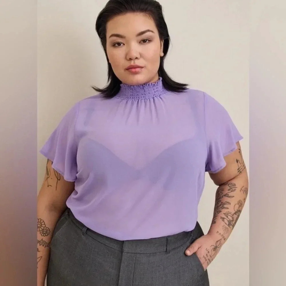 Torrid Lavender Lilac Sheer Chiffon Mock Neck Flutter Sleeve Top Blouse Size L 0